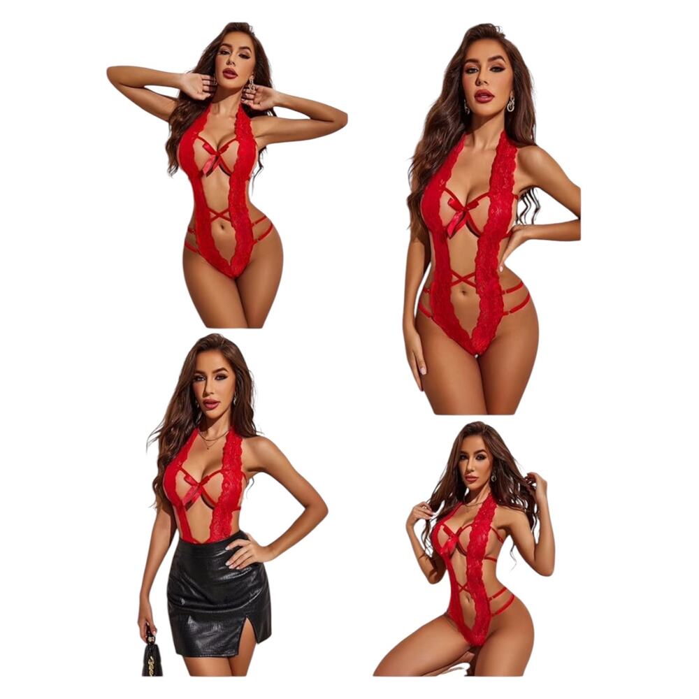 Avidlove NWT Large Red Lace teddy bodysuit Deep V halter One-piece lingerie